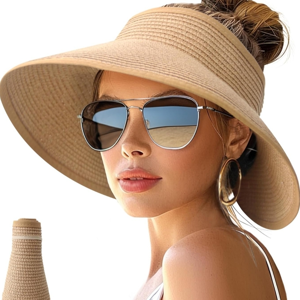 NPJY--Wide Brim Roll-Up Beach Ponytail Packable Foldable Travel Straw Sun Visor